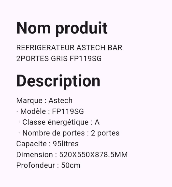 Refregirateur Astech 2Portes Gris FP119SG – Image 3