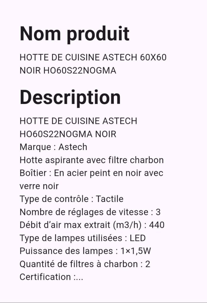 Hotte de Cuisine 60x60 NOIR HO60S22NOGMA – Image 2