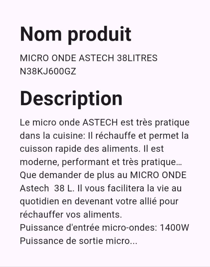 Micro Ondes Astech 38Litres N38KJ600GZ – Image 2