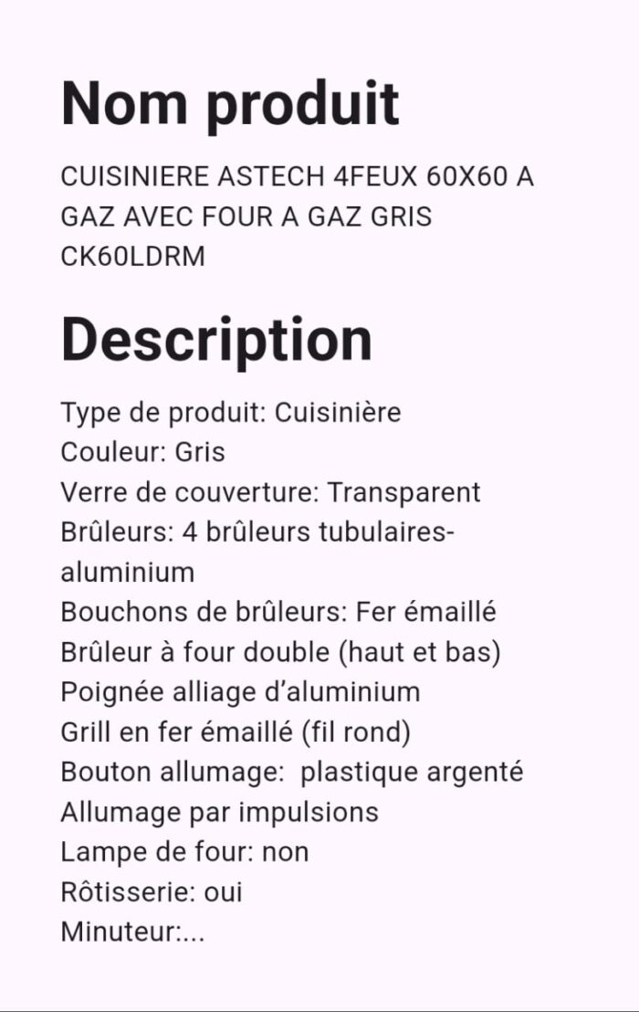 Cuisinière Astech 4Feux A Gaz Avec Four a Gaz Gris CK60LDRM – Image 3
