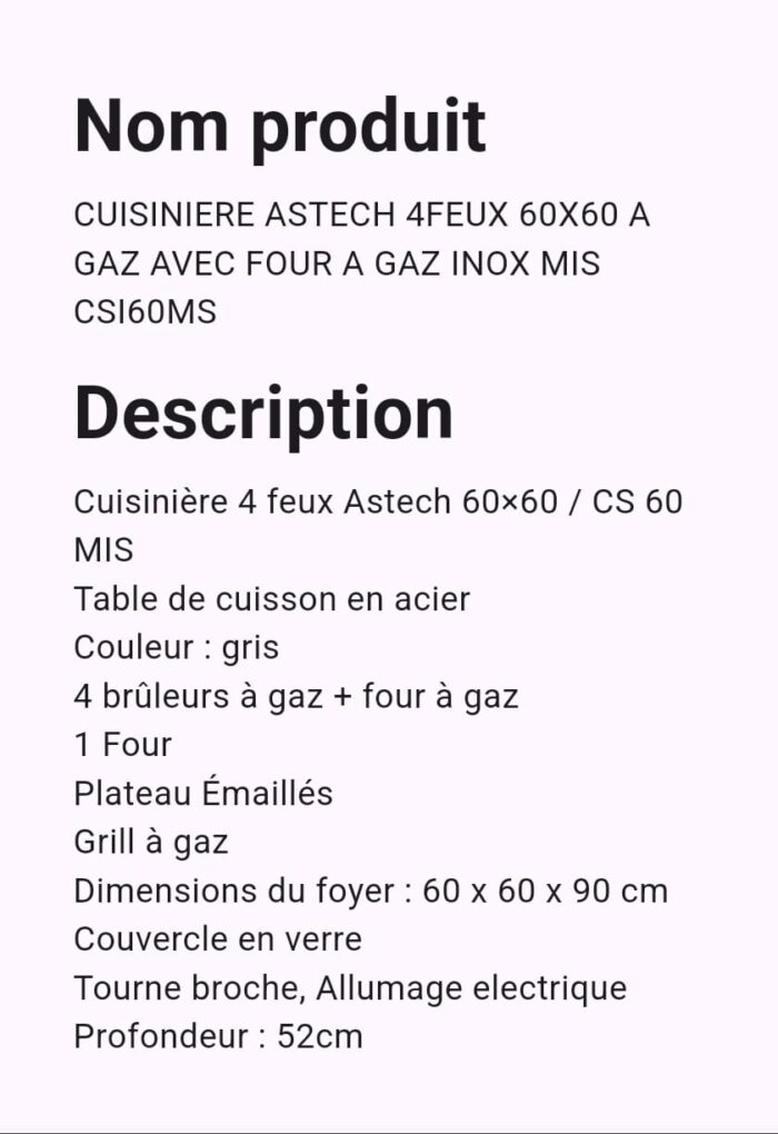 Cuisinière Astech 4Feux 60x60 A Gaz Avec Four Inox MIS CSI60MS – Image 2