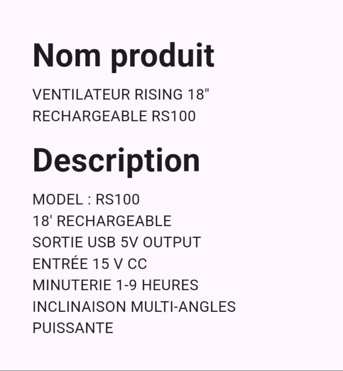Ventilateur RISING 18' RECHARGEABLE RS100 – Image 2