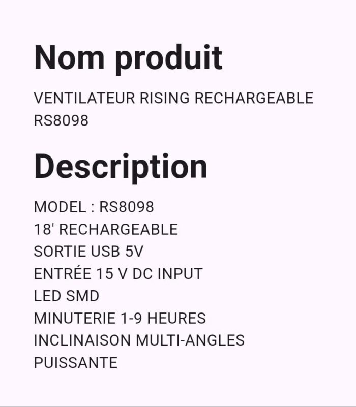 Ventilateur Rising Rechargeable RS8098 – Image 2
