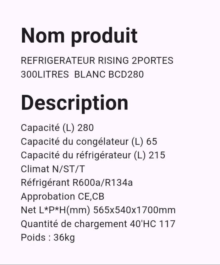 Refregirateur Rising 2Portes 300Litres BLANC BCD280 – Image 2