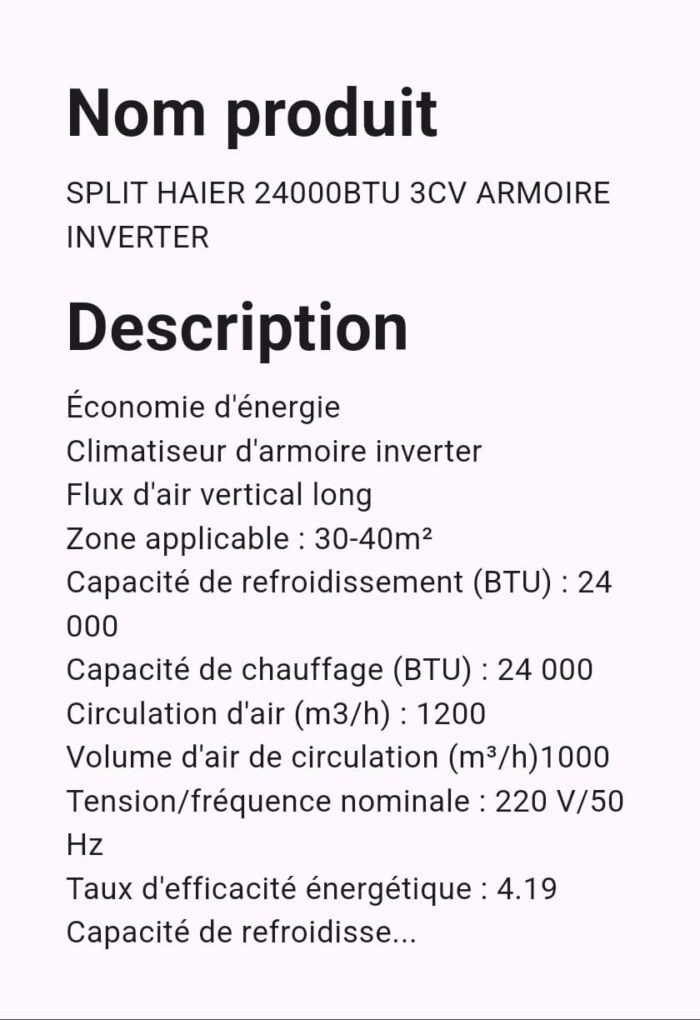 SPLIT HAIER 24000 BTU 3CV ARMOIRE INVERTER – Image 3