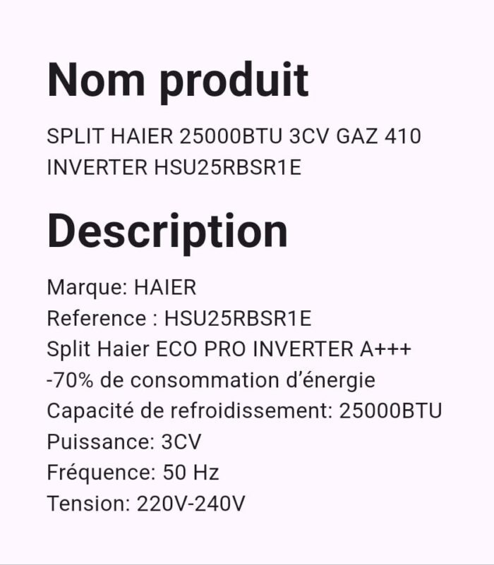 SPLIT HAIER 25000BTU 3CV GAZ 410 INVERTER HSU25RBSR1E – Image 2